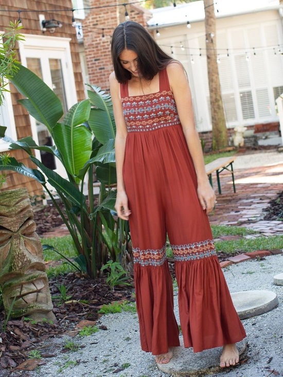 NATURAL LIFE Pants - 🌿 Natural Life Hannah Embroidered Jumpsuit Women's Medium Rust Boho Floral